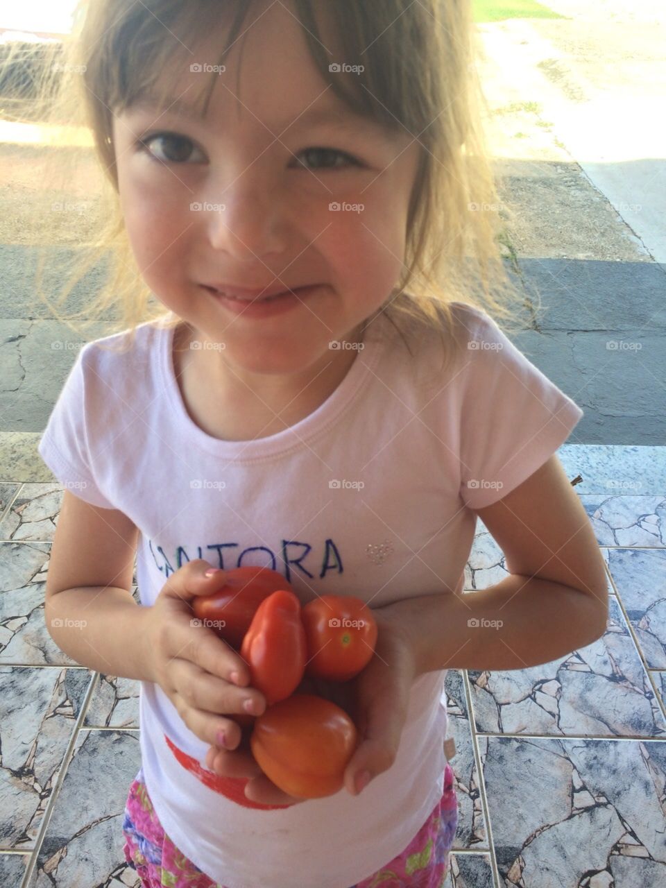 Fomos colher tomates plantadora aqui na horta de casa. Minha filha Marina se divertiu com a colheita!