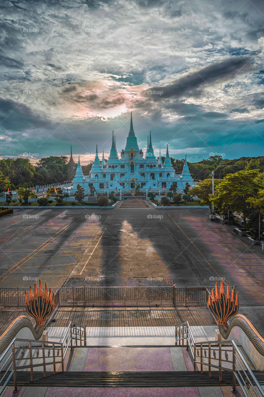 Beautiful scene of the famous pagoda of Wat Asokaram in Samutpakarn Thailand