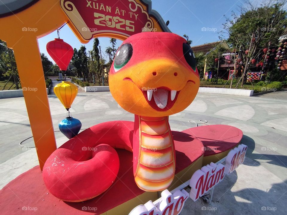 24th January 2025. 09:02am. Location: Old town, Hoi an, Vietnam. Tet, new years decoration, year of the snake. Podium and lanterns.