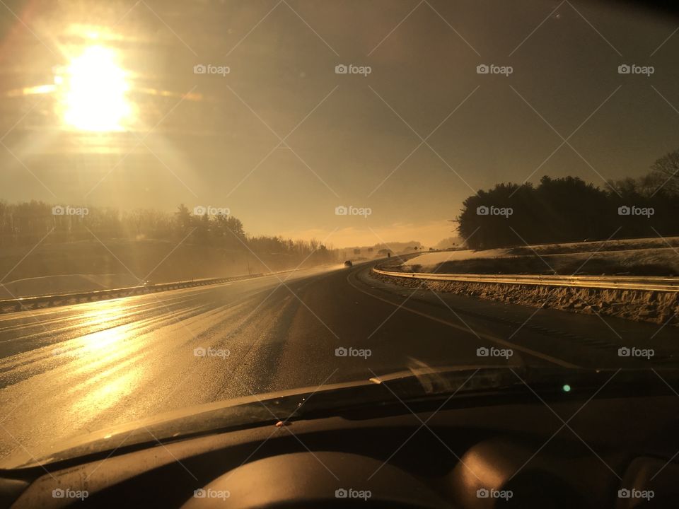 Sunset driving in winter