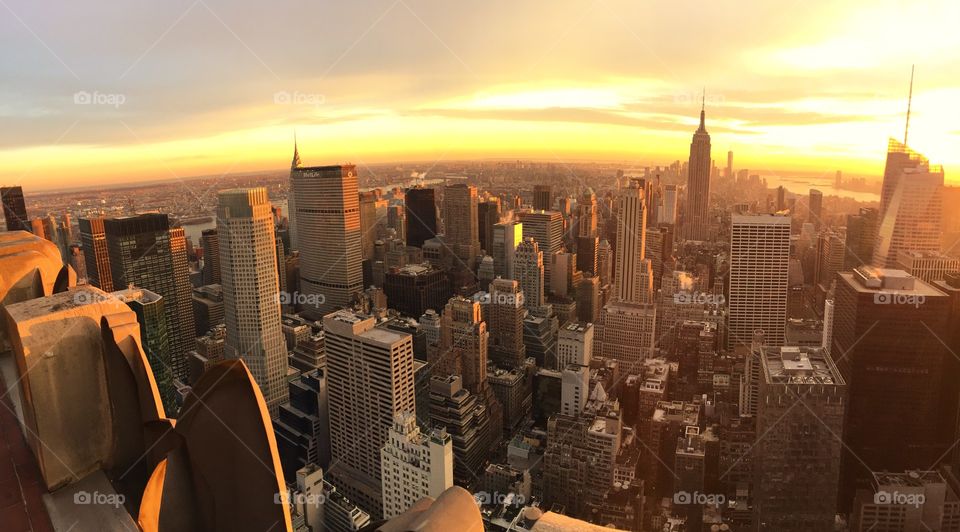 High angle view of new york city during sunset