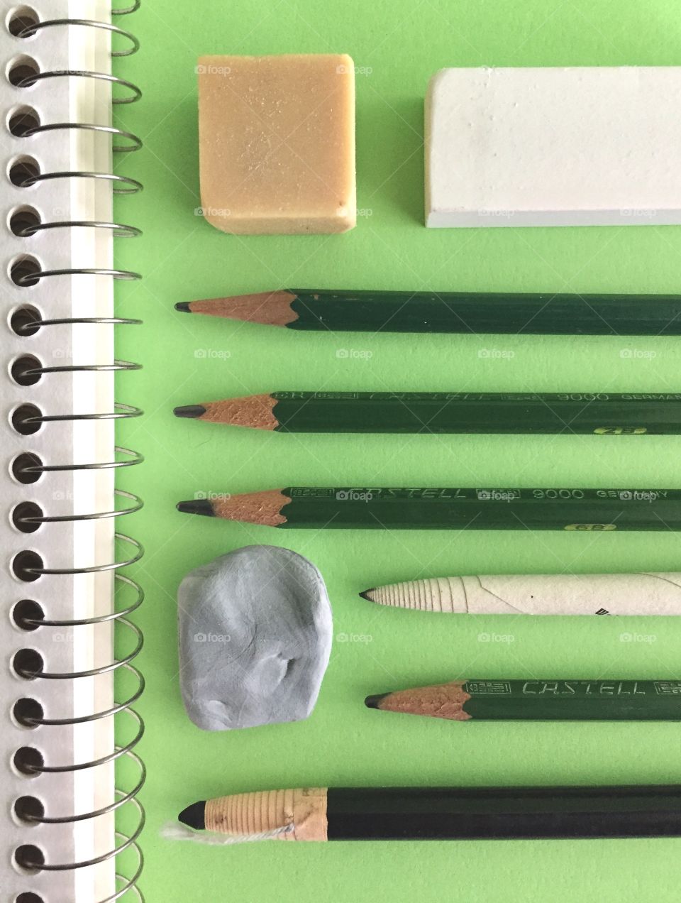 Arts & Crafts Supply - drawing pencils, sketch book, kneaded eraser, gum eraser, rubber eraser, charcoal pencil, tortillon blending stump