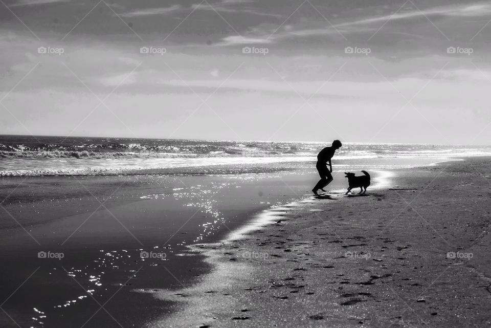 Man playing with dog on beach