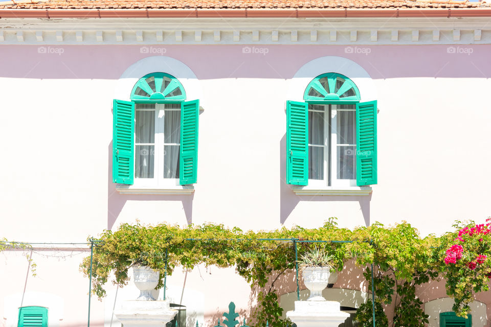 two windows with green shutters