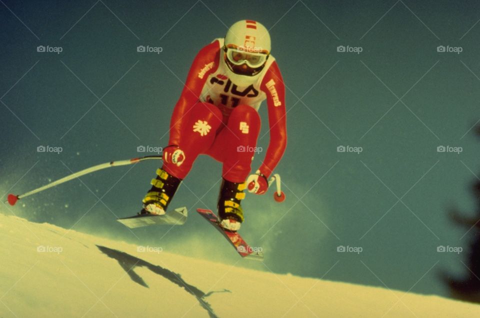 Eye Contact at Full Speed while Skiing in Crans-Montana, Switzerland.
Silver medalist Sylvia Eder of Austria captured at the FIS Alpine World Ski Championships in Crans-Montana, Switzerland and first published on the cover of The Good Ski Guide.