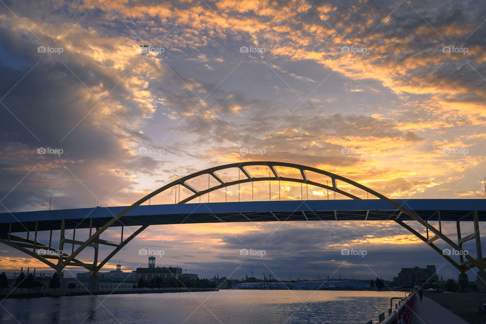 Beautiful sunset over the Hoan bridge in Milwaukee Wisconsin