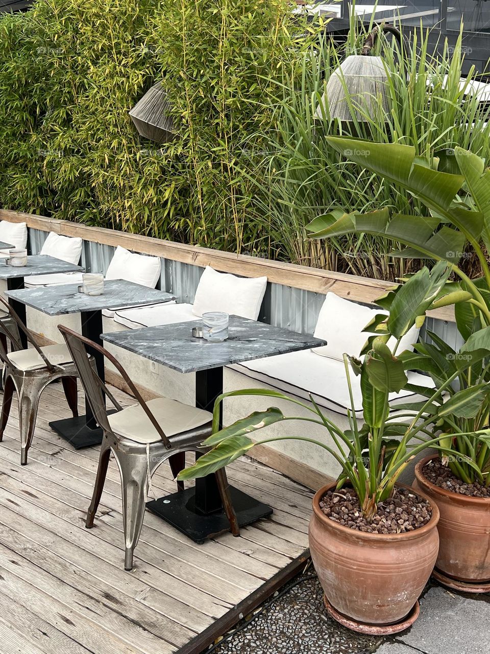 Empty seats in an outside modern trendy street cafe. Palms and interior design