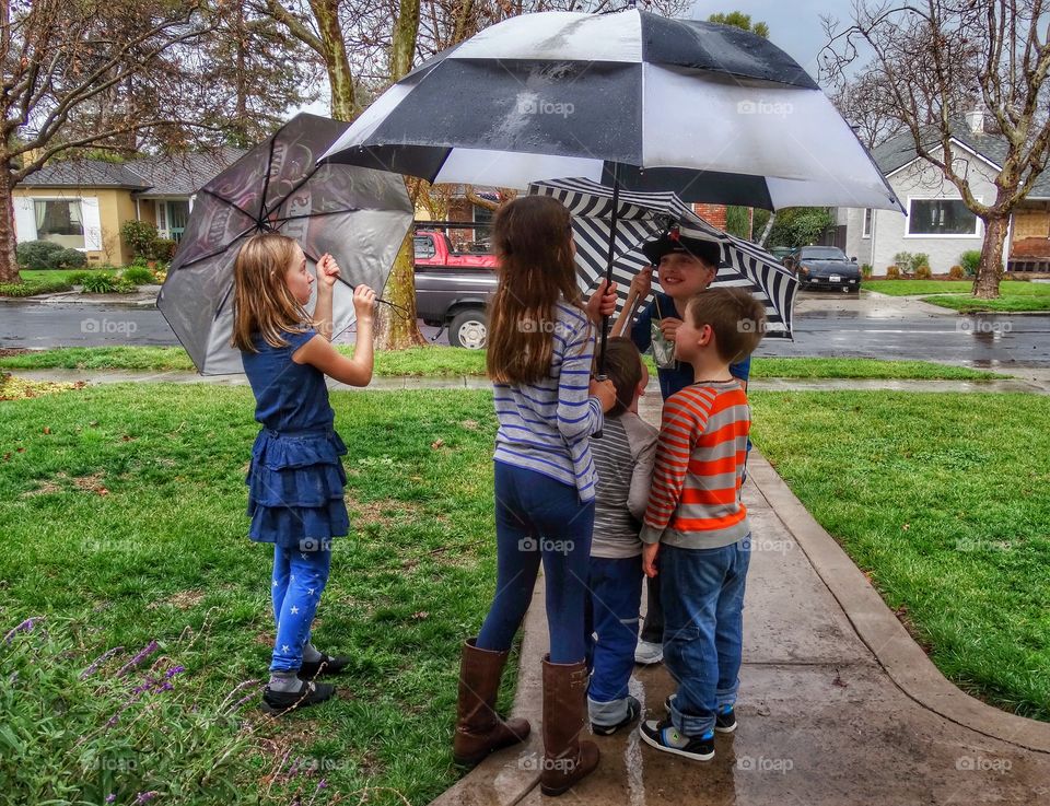 Umbrella Fun. Kids In The Rain With Umbrellas