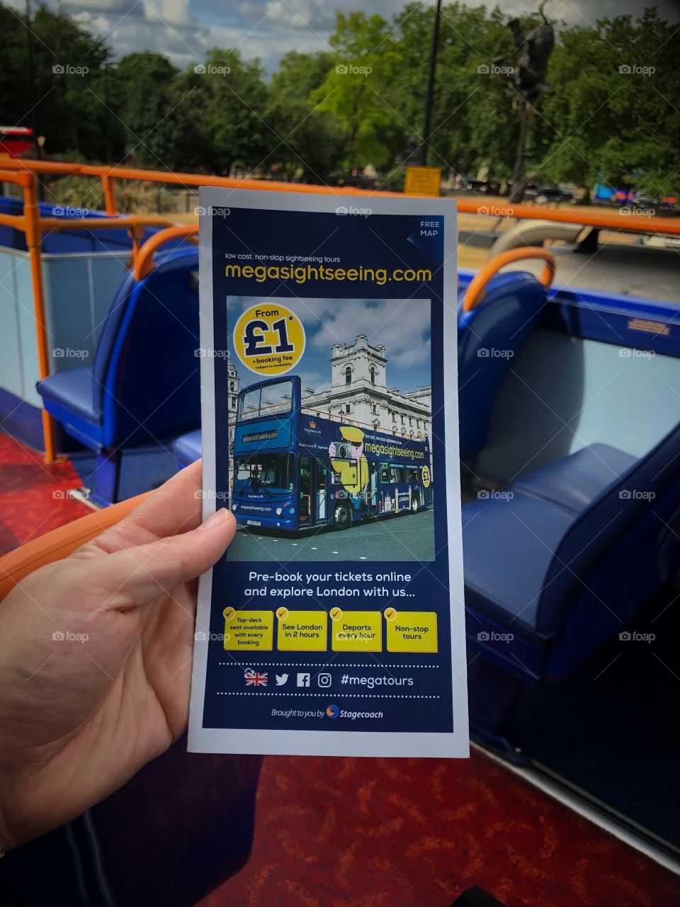 New megabus megatours leaflet on the bus showing the route 