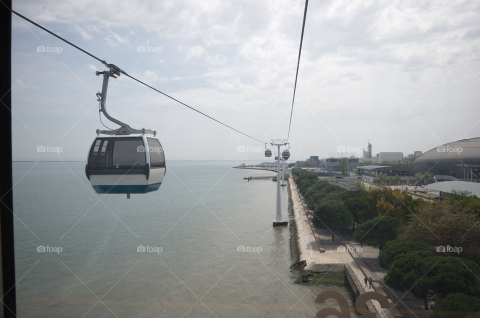 View from a cableway over Tajo river embankment, Lisbon, Portugal