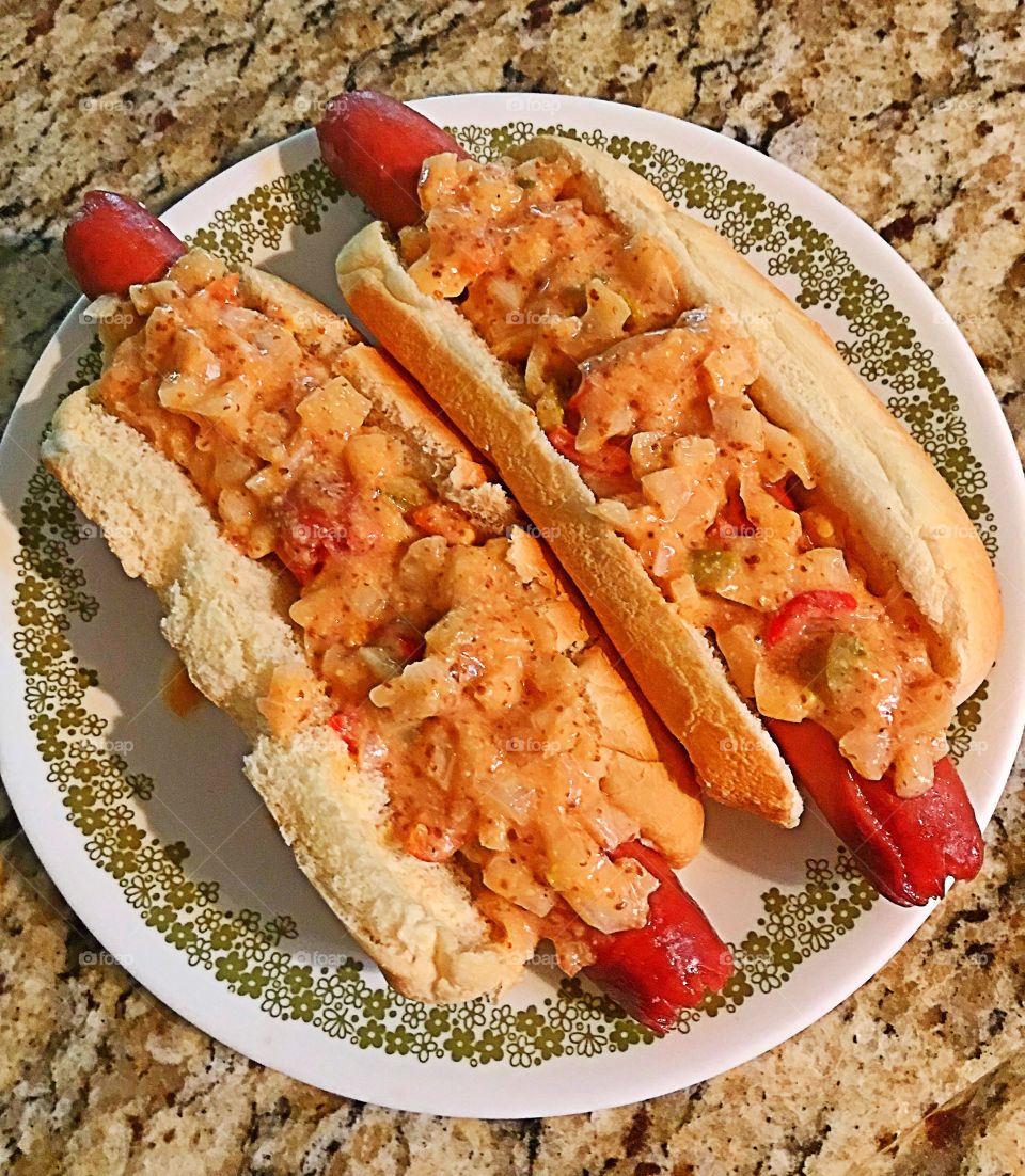 Footlong with chopped tomato, onions and celery with mustard and thousand island dressing 