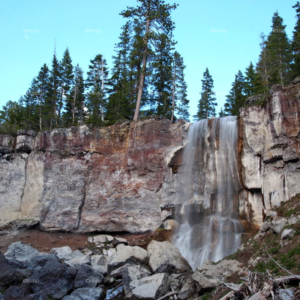 Paulina Falls in the Newberry National Volcanic Monument in Central Oregon rushes over a cliff in a forest of trees on a summer evening. 