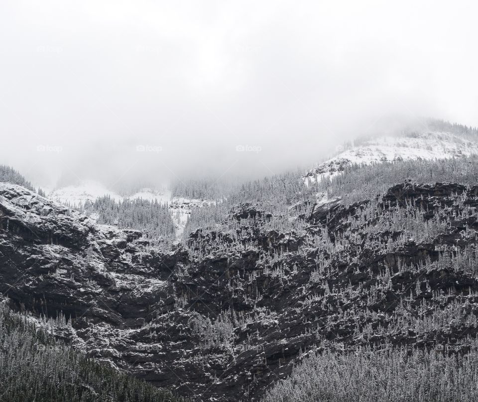 Canada's Rocky Mountains after a spring snowfall on a stormy day