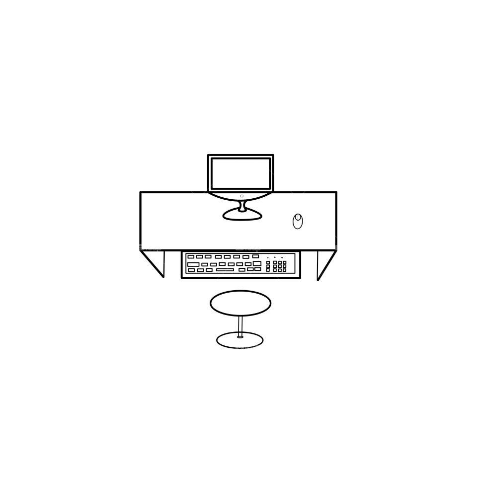 Line drawing Office desk computer, illustration on White background