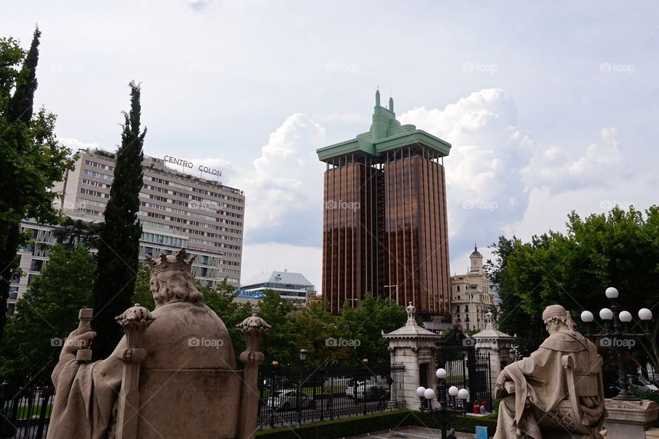 View of the Torres de Colón, possibly one of the ugliest buildings in the world, from the steps of the National Library of Spain, Madrid