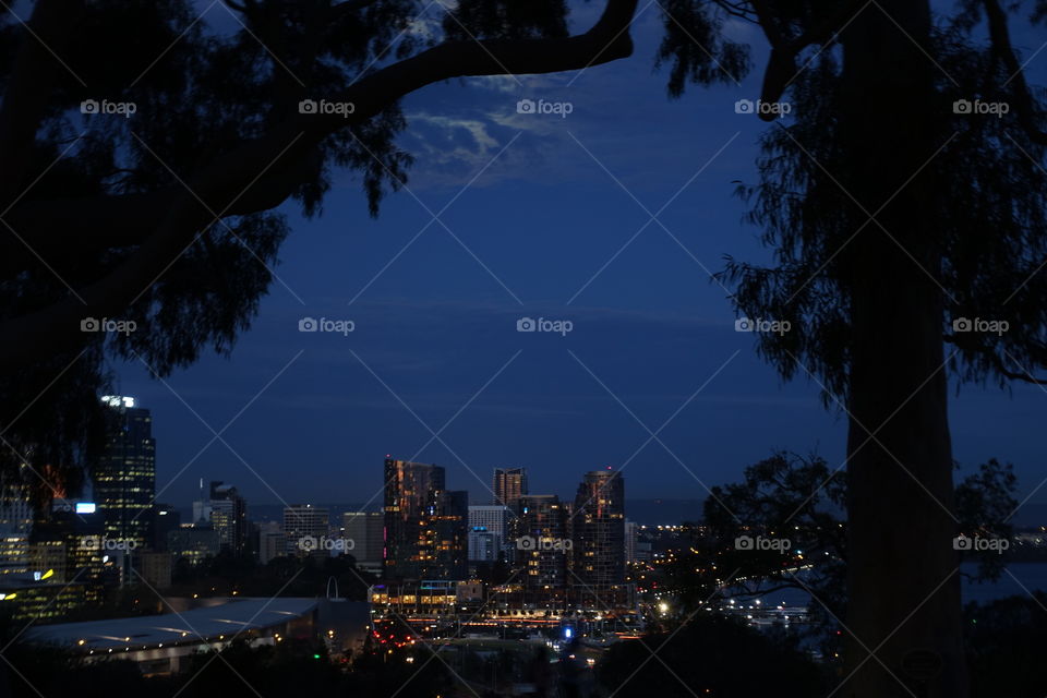 The night view of Perth central business district can be seen from Kings Park, Western Australia.