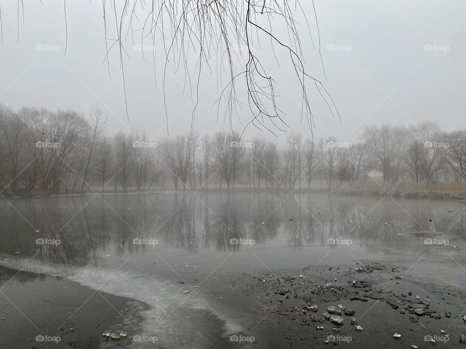 Ice on a pond on a cold foggy winter morning