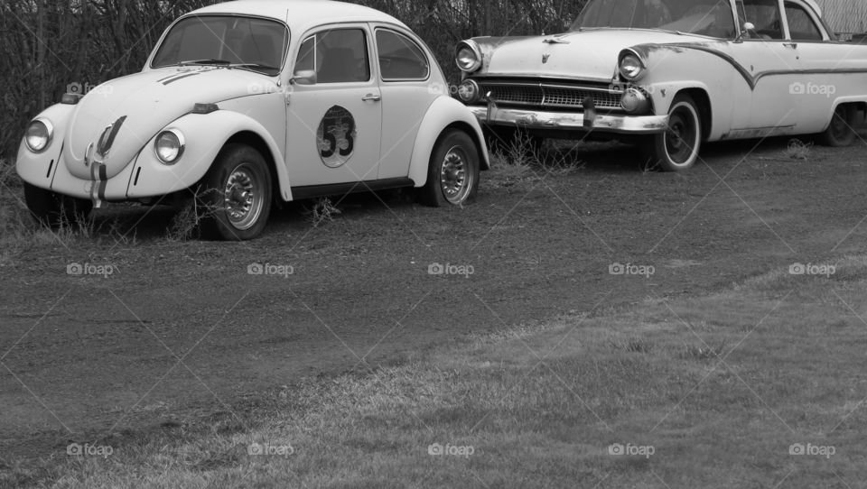 A Love Bug style Volkswagen Bug retired and rusting away in Prineville, Oregon. 