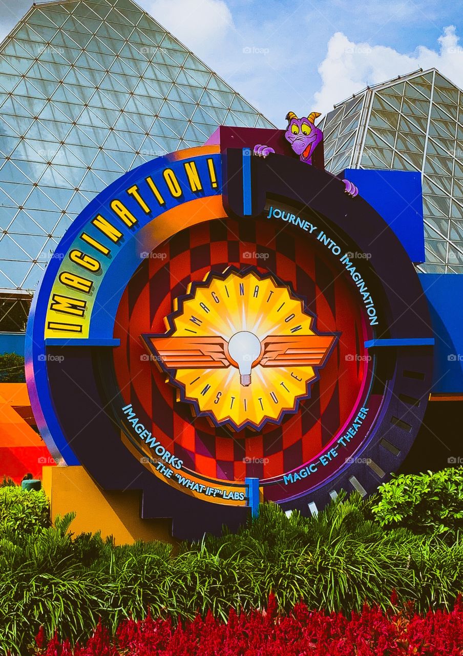 Colorful sign for Journey to Imagination attraction at EPCOT park