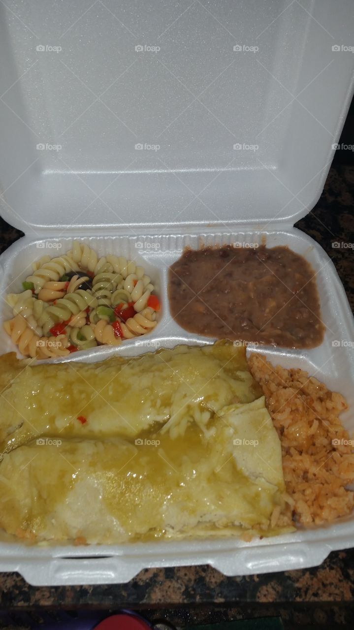 green chile enchiladas ,Spanish rice, pasta salad and refried beans