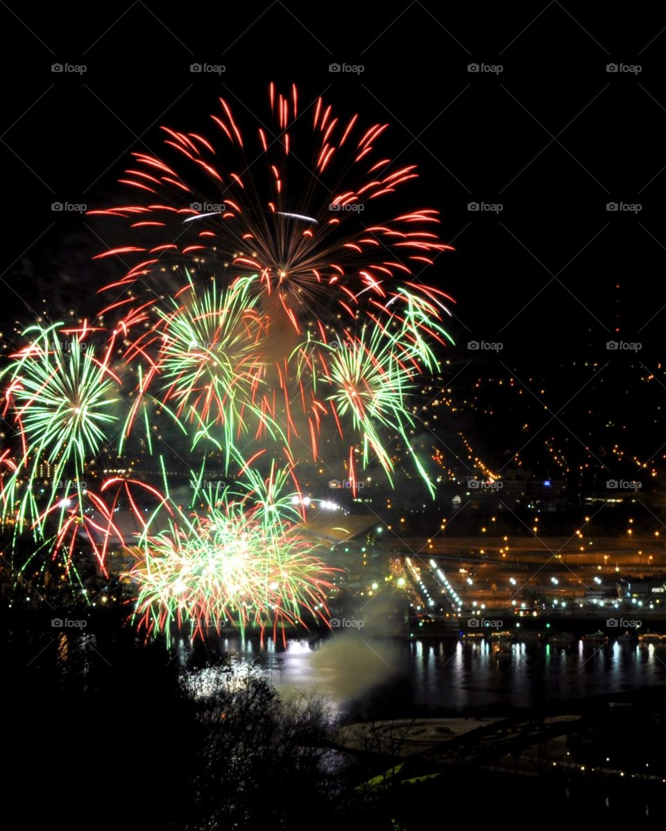 Night time, fireworks at Pittsburgh during light up night