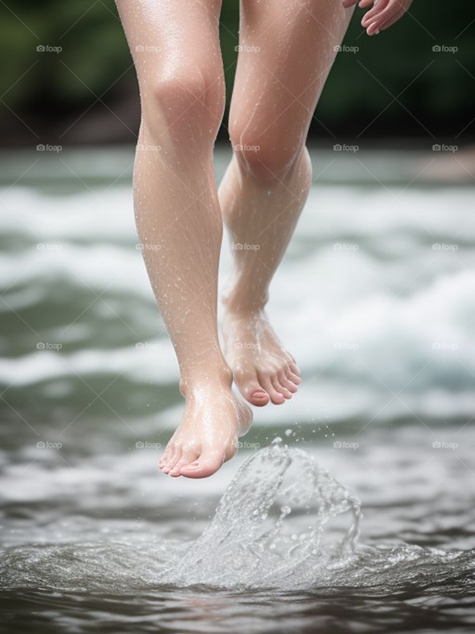 Barefoot feet running in the water