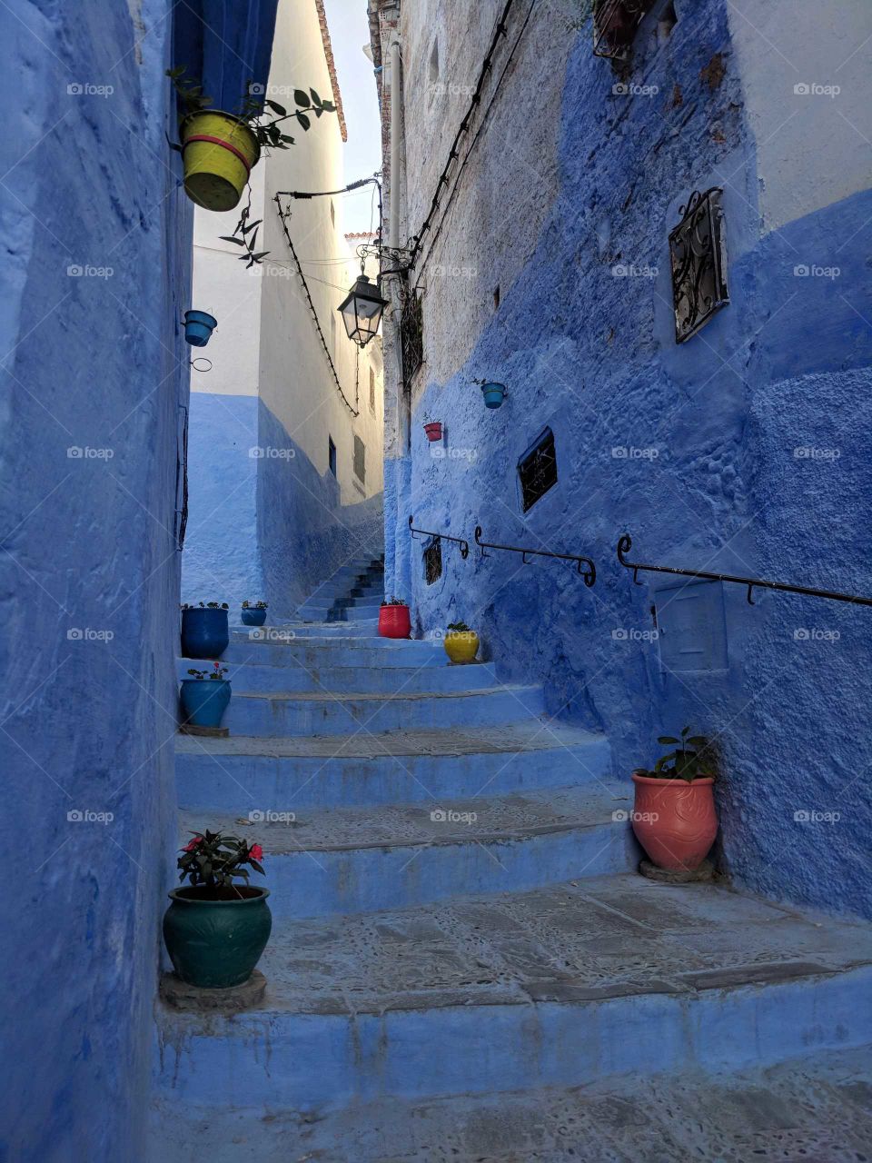 Adorable Blue Alley (Street and Stairs/Staircase) Lined with Colorful Pink and Yellow Flowerpots in Chefchaouen (the Blue City) in Morocco