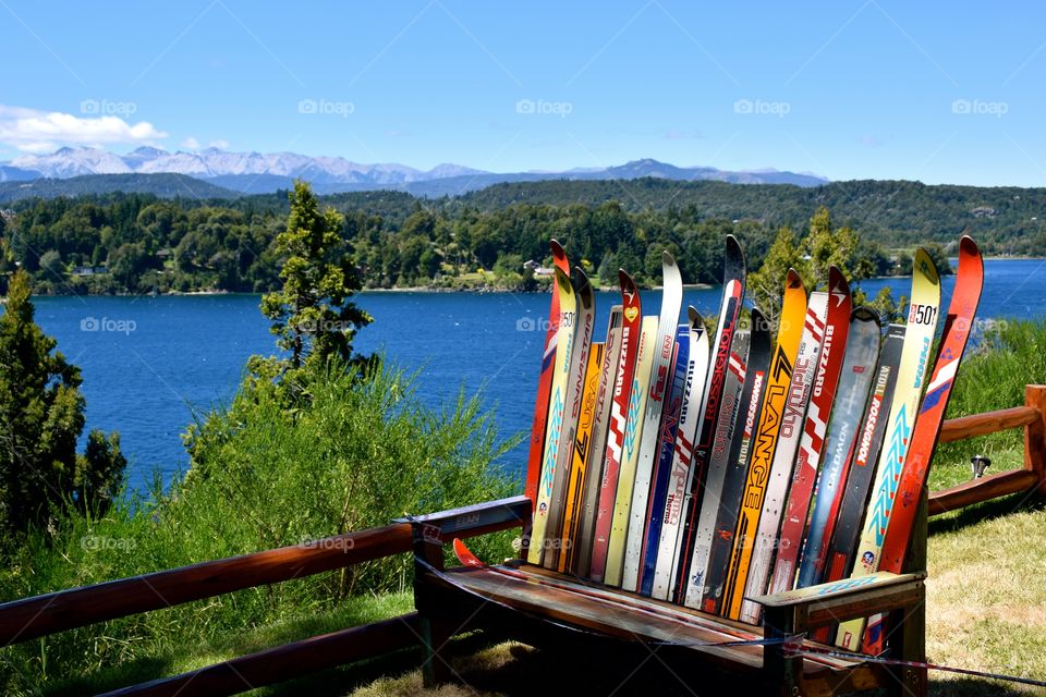 Ski bench at lakeside