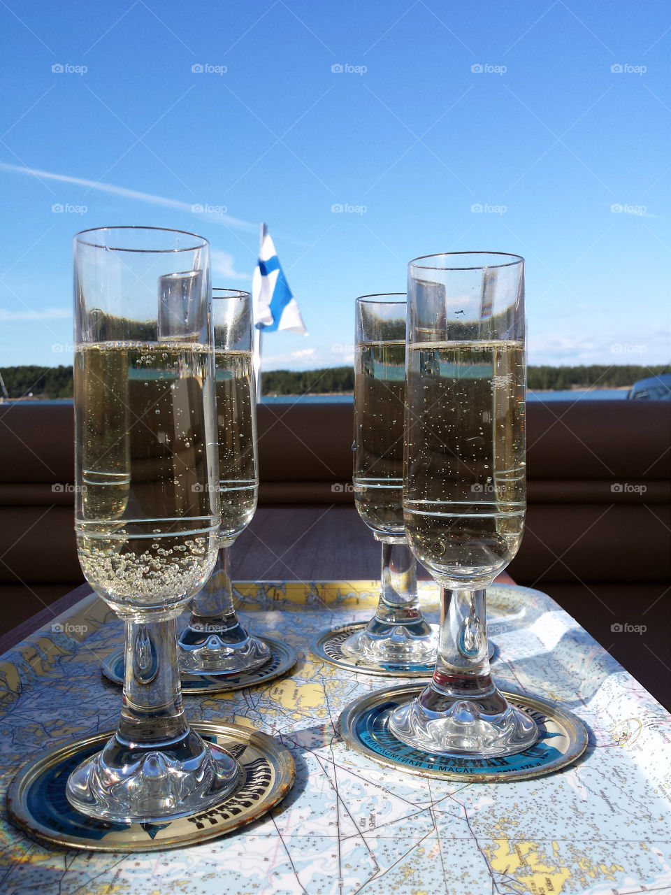 Sparkling wine. Glasses of sparkling wine on a boat in Finland