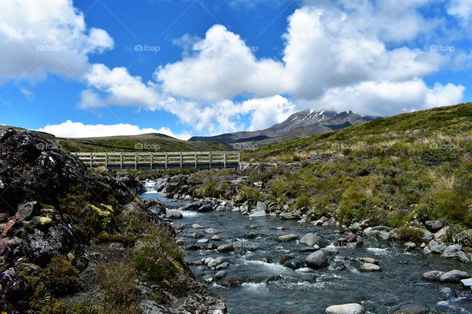 walk bridge stunning scenery with snowy mountain background. lovely slow flowing river with lush green shrubbery.