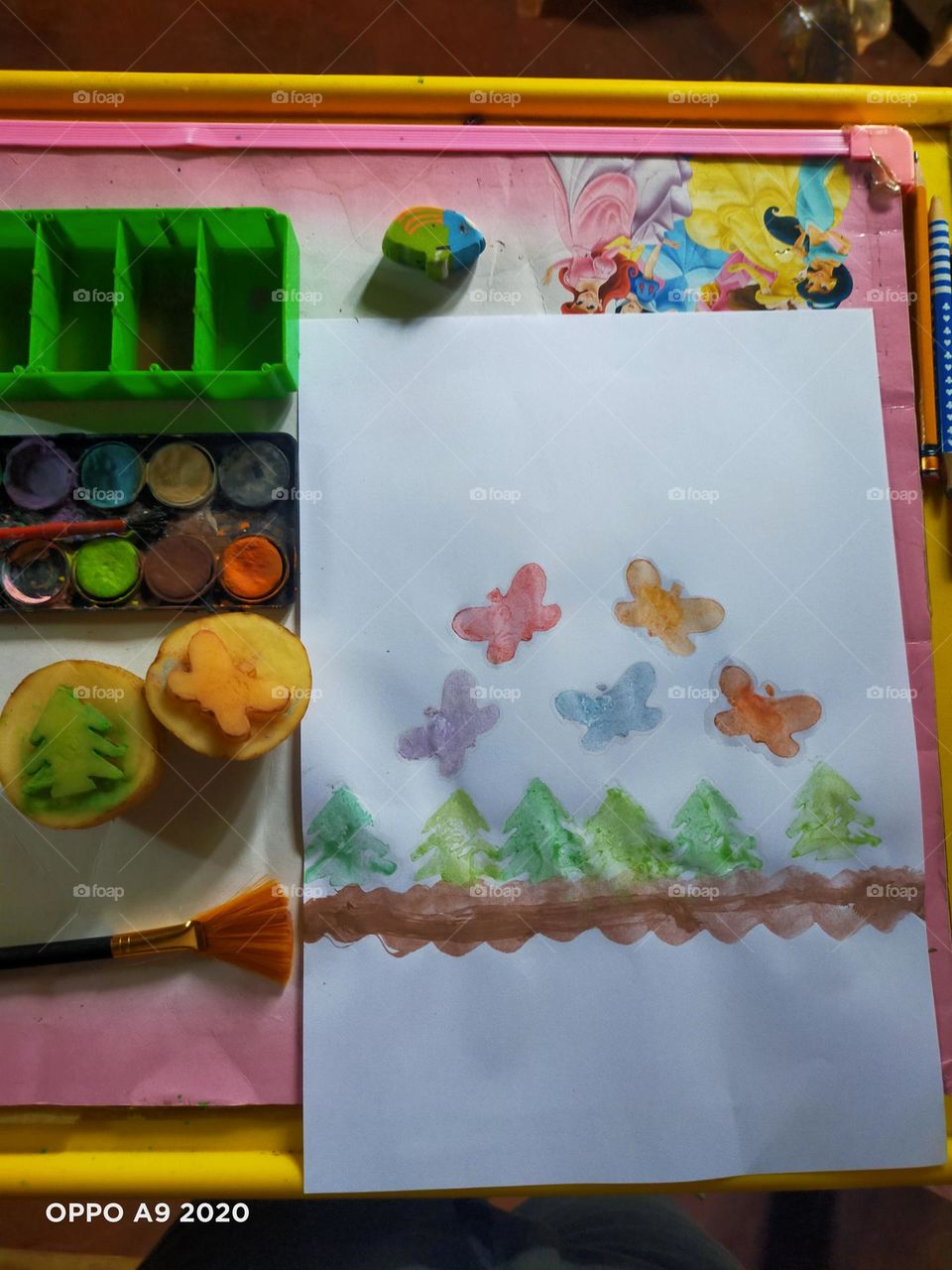 artwork by imprints using watercolors and potatoes