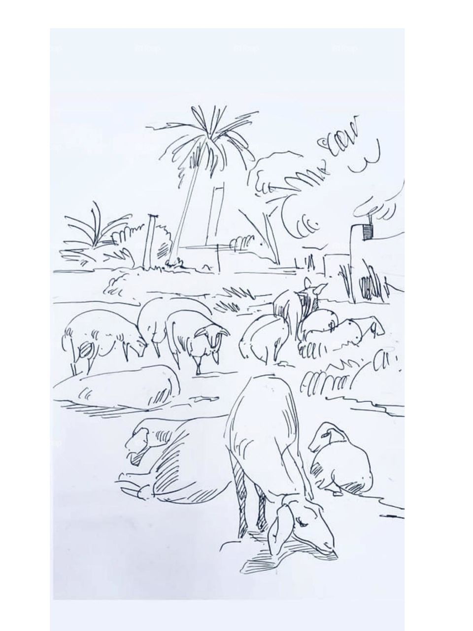 A sketch of simple, beautiful rural life scenes