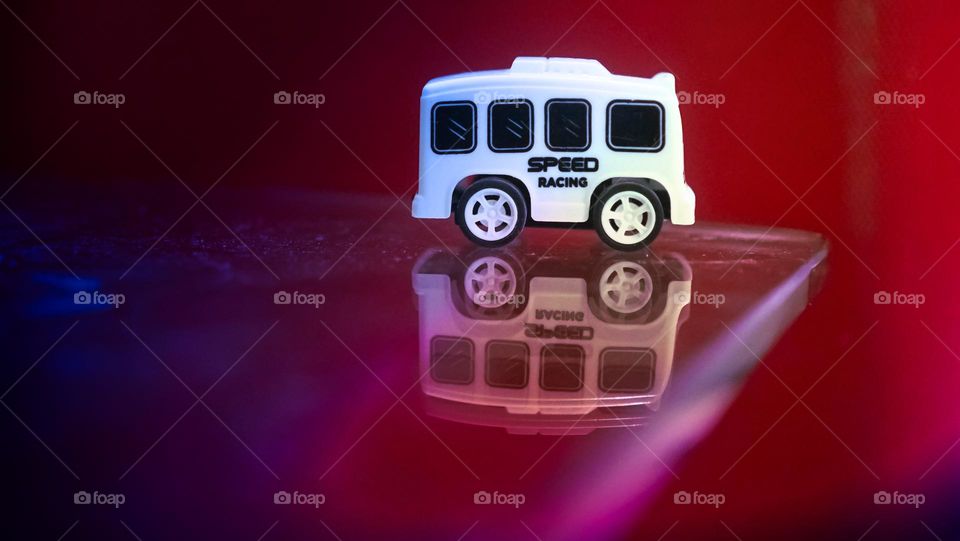 white bus with mirror