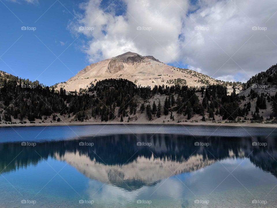 Lake Helen at Lassen Volcanic National Park in California - Blue Lake with Mountain Reflected In It on a Sunny Clear Day