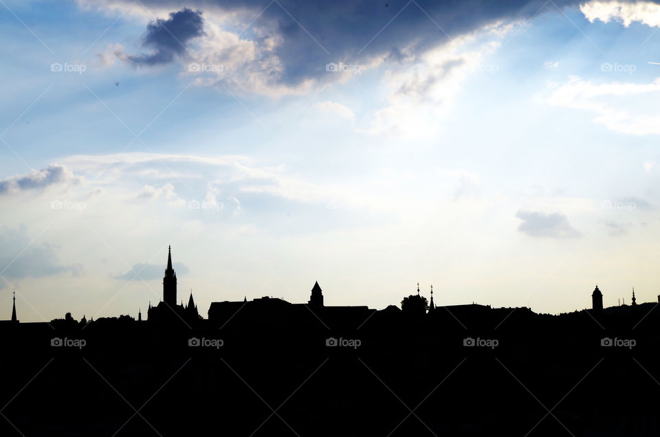 Panoramic view of Buda's silhouette at riverbank in Budapest, Hungary.