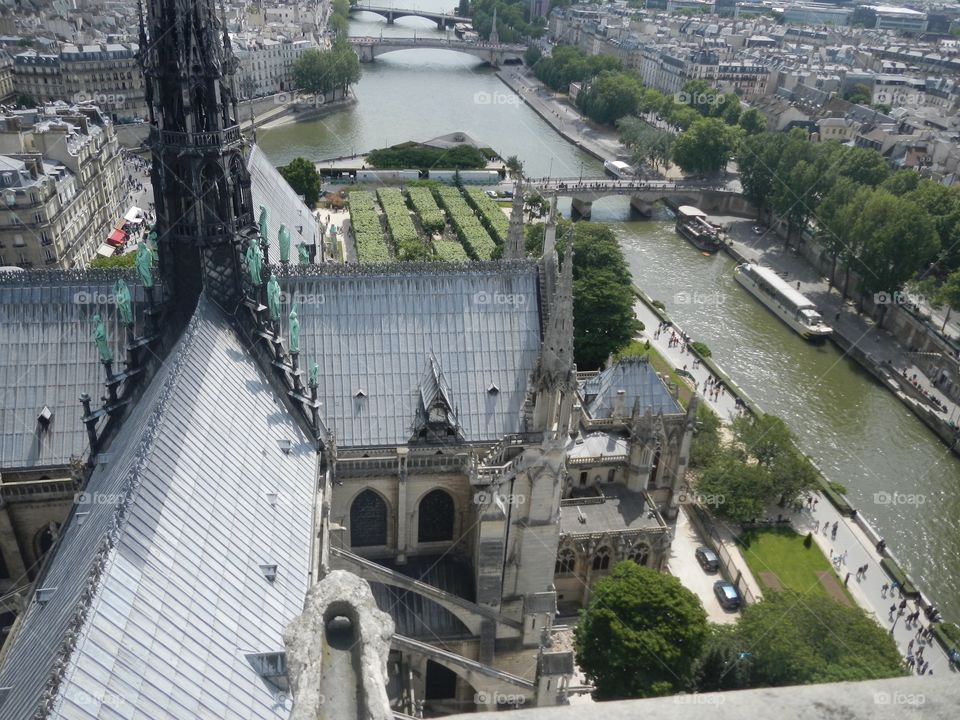 The Classic Gothic Style, Notre Dame Cathedral in Paris. May 2012. A view of The Seine River.  Copyright © CM Photography. @chelseamerklephotos on Foap. 