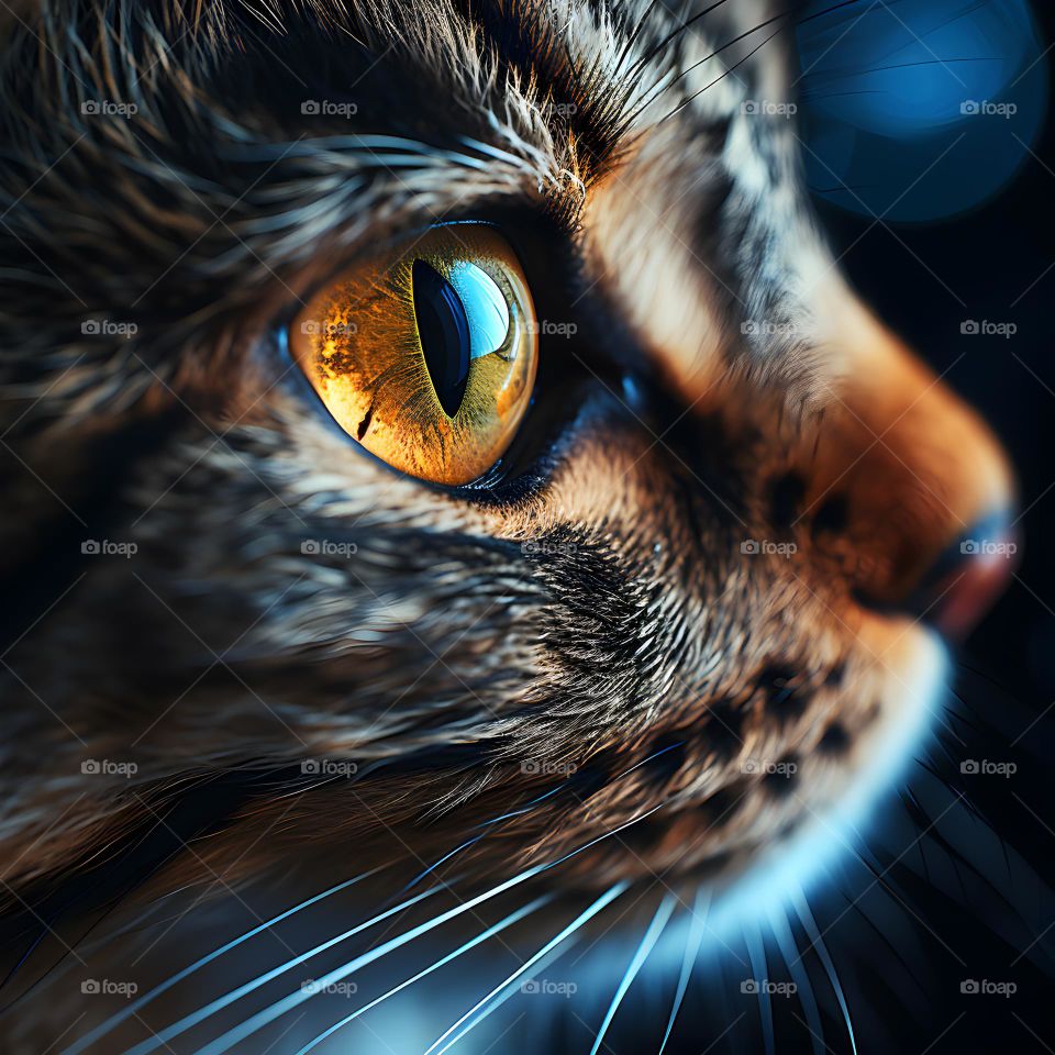 close up of a cat face with round eyes, in the style of vray tracing, photo-realistic techniques