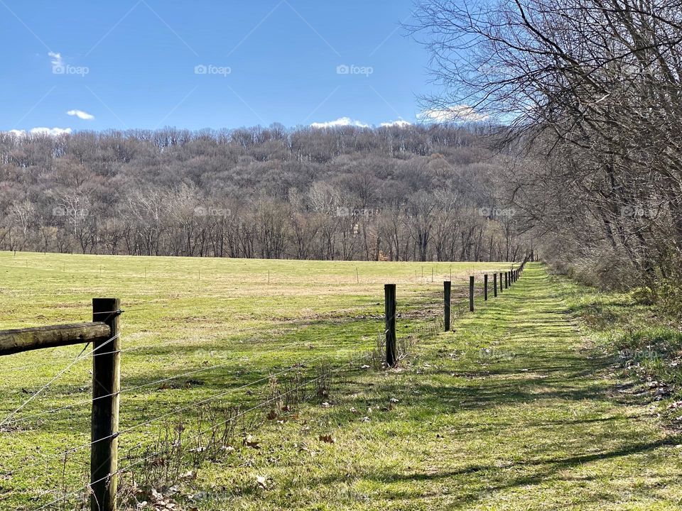 A fence separating a field from a walking path 