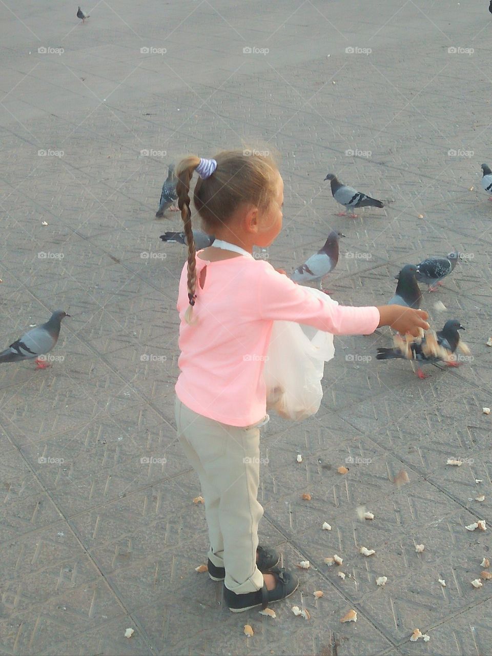 Pretty young girl feeds pigeons