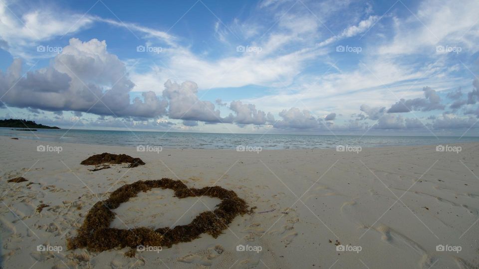 the view on a small island in the tropics, seaweed heart shaped with blue sky and white clouds above