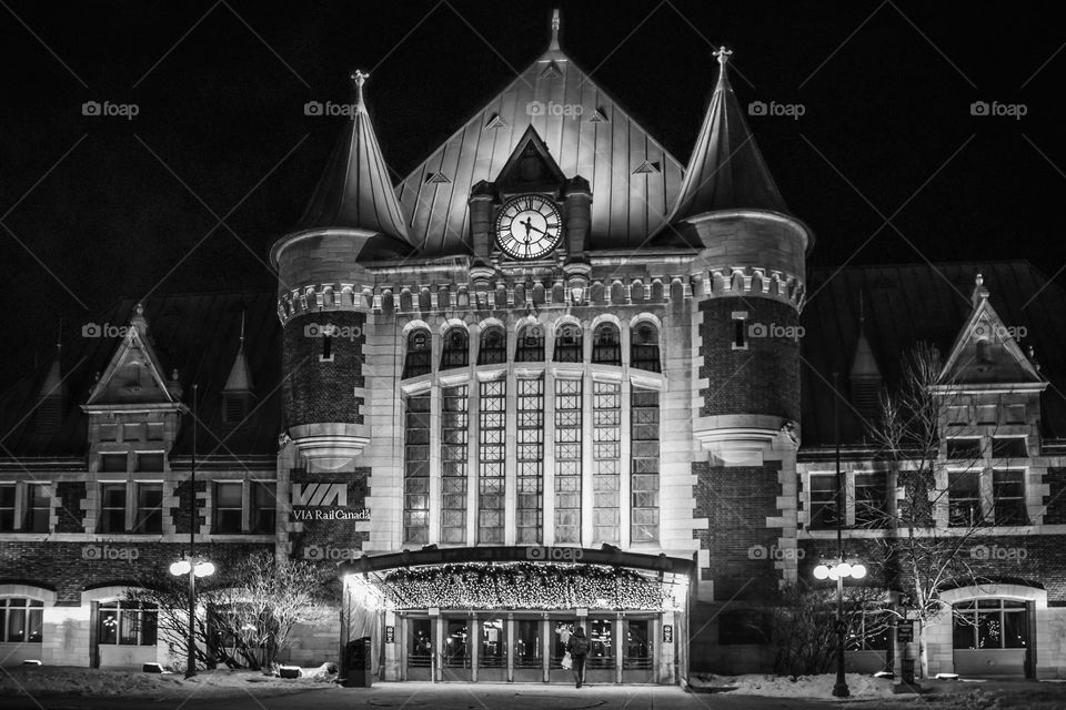 Historical rail station at night