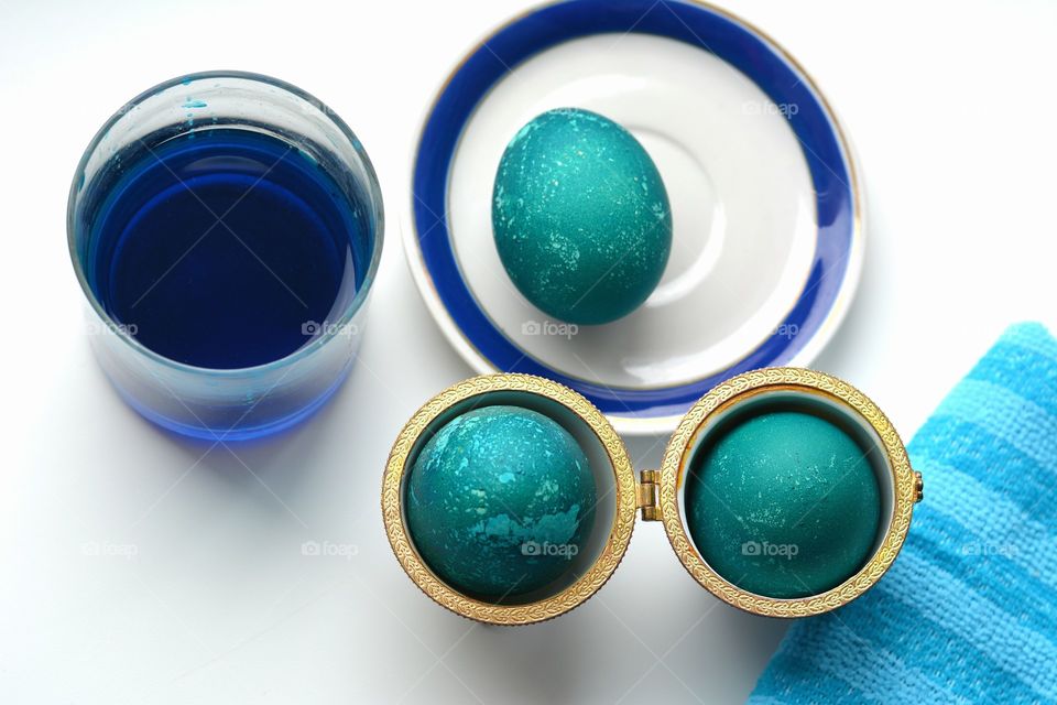 blue Easter eggs top view
