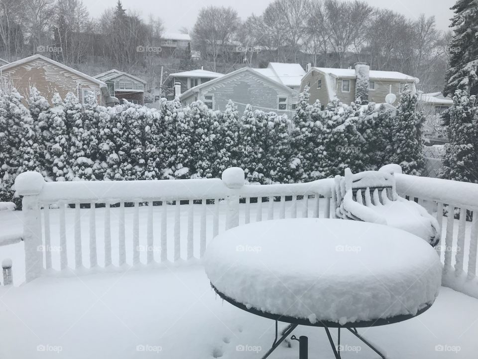 Snow,deck, winter,table, New England,Massachusetts