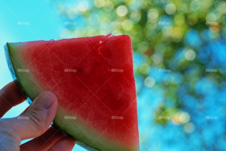 Portrait Of Watermelon, Watermelon In The Summertime, Summer Fun, Eating Healthy In The Summer, Hand Holding A Slice Of Watermelon 
