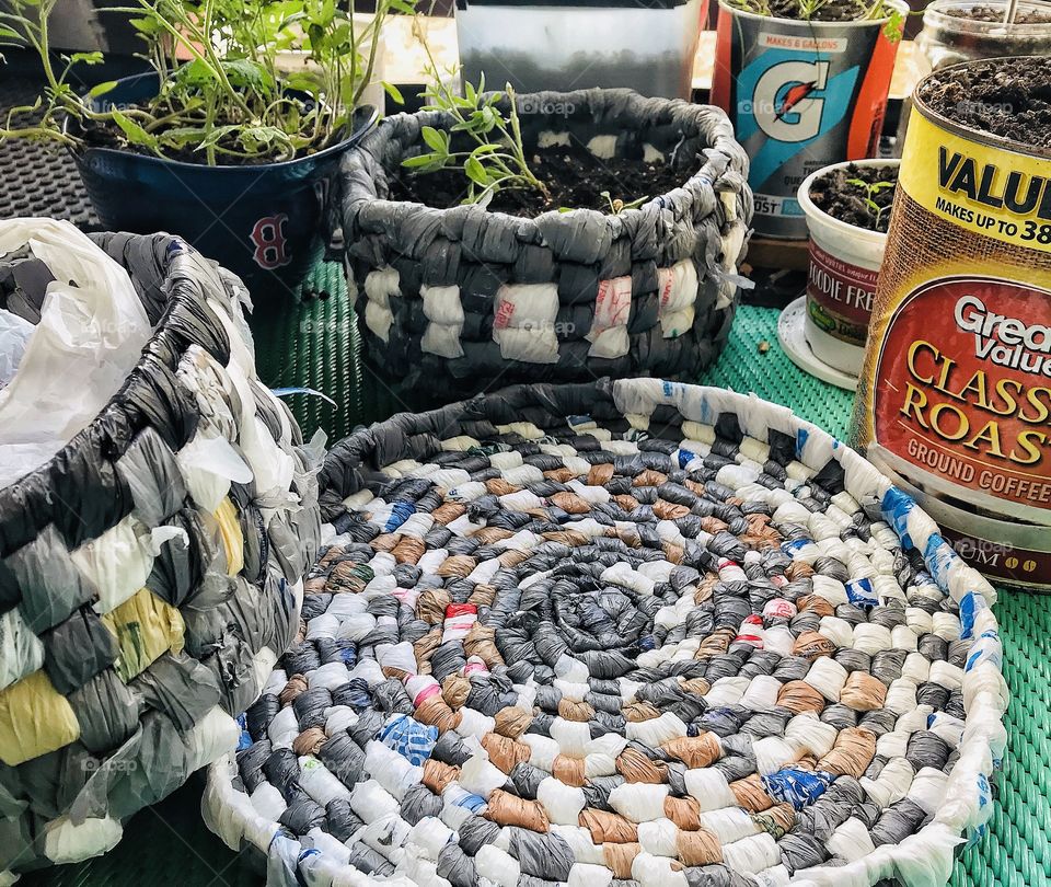 Plastic bag weaving and repurposed containers