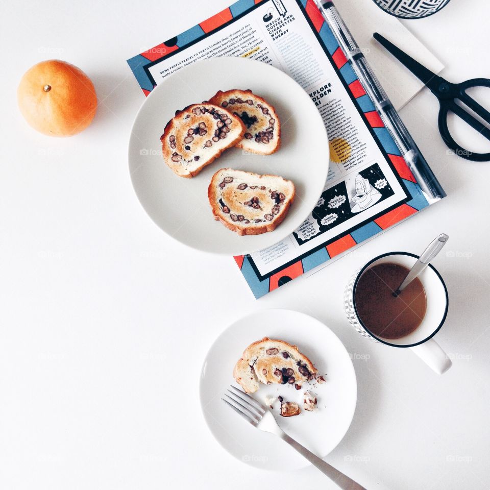 Breakfast with red bean bread and coffee 