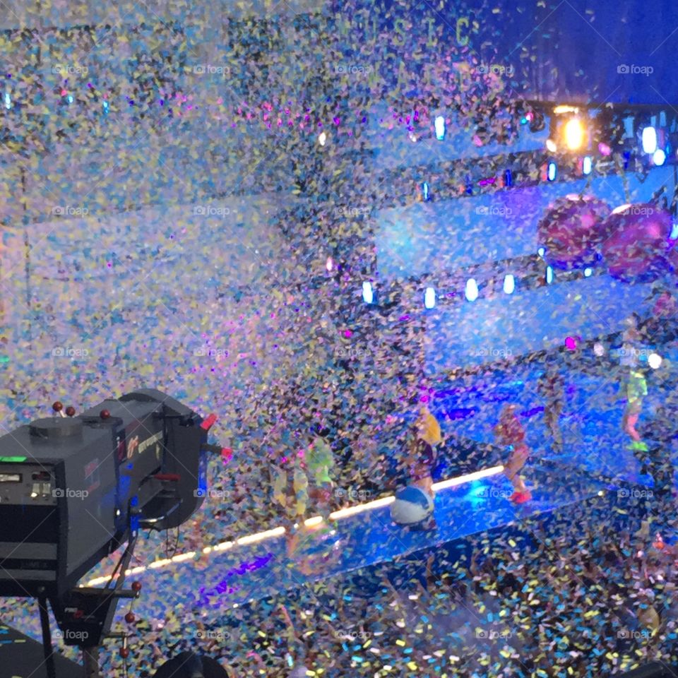 Confetti Explosion. Sitting just above the cameraman to watch filming the MTV/VMA awards on the roof of a building on Broadway, Downtown LA