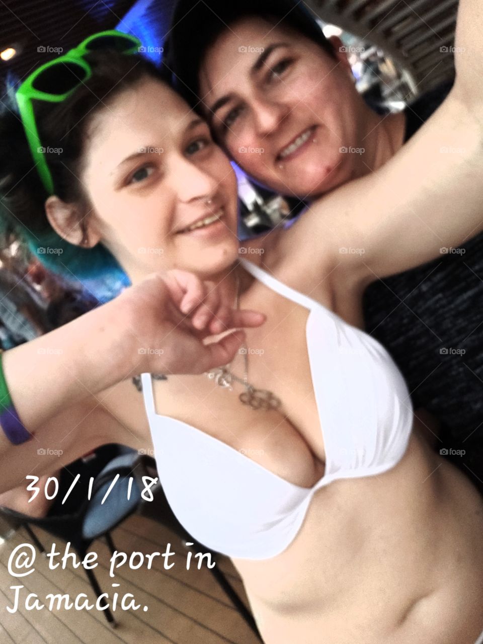 me (femme in white bikini, size 3, 34D, 125lbs) and my stud girlfriend.