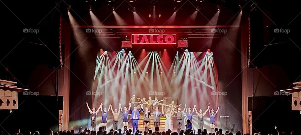 This is the finale of the musical “FALCO” performed at the “DEUTSCHES THEATER”, the “GERMAN THEATER” in “Munich”, Bavaria about the life of the Viennese pop singer of 1980s fame for “Rock me Amadeus” and “Der Kommissar”. 2024. Hypnotic Productions