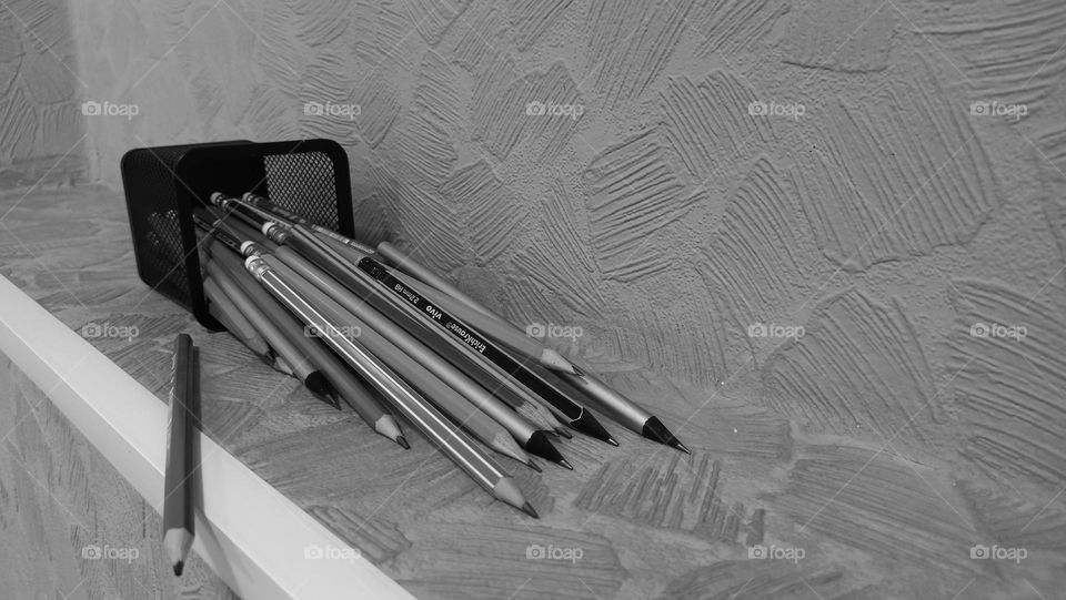 pencils, pencil stand, many, scattered pencils, wall, office, stationery, black and white photo